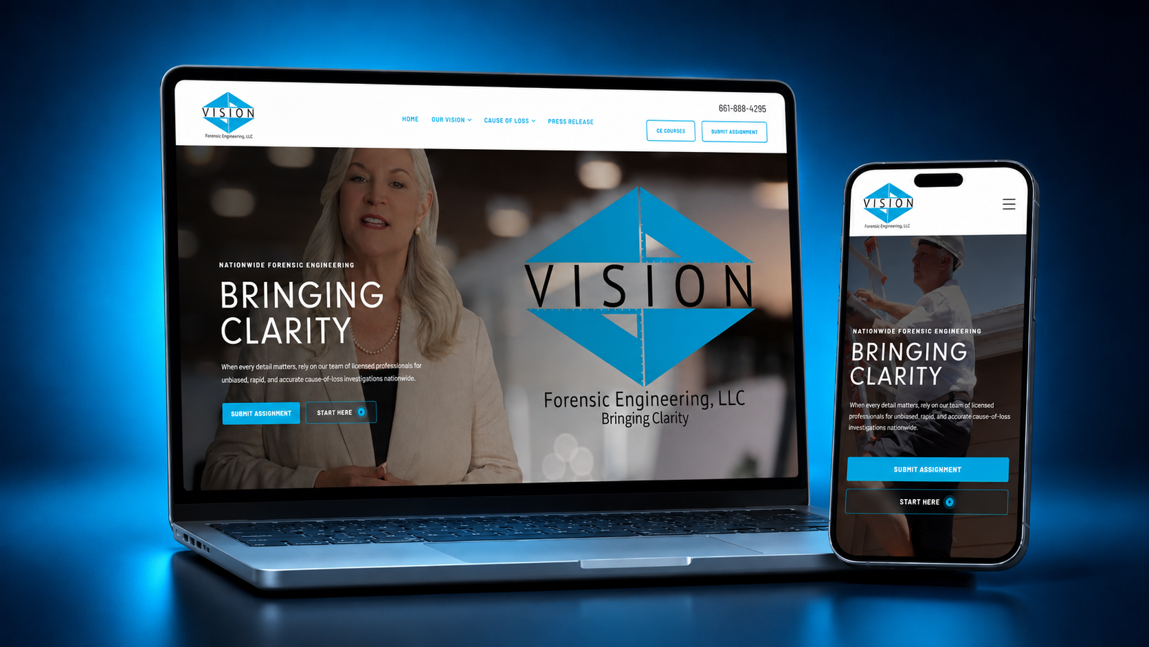 Vision Forensic Engineering website displayed on a laptop and mobile phone