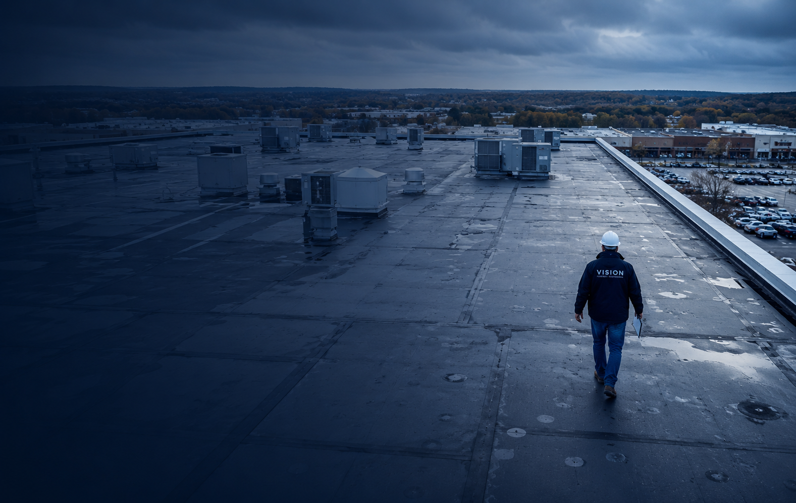 Vision forensic engineer inspecting a commercial roof beneath storm clouds