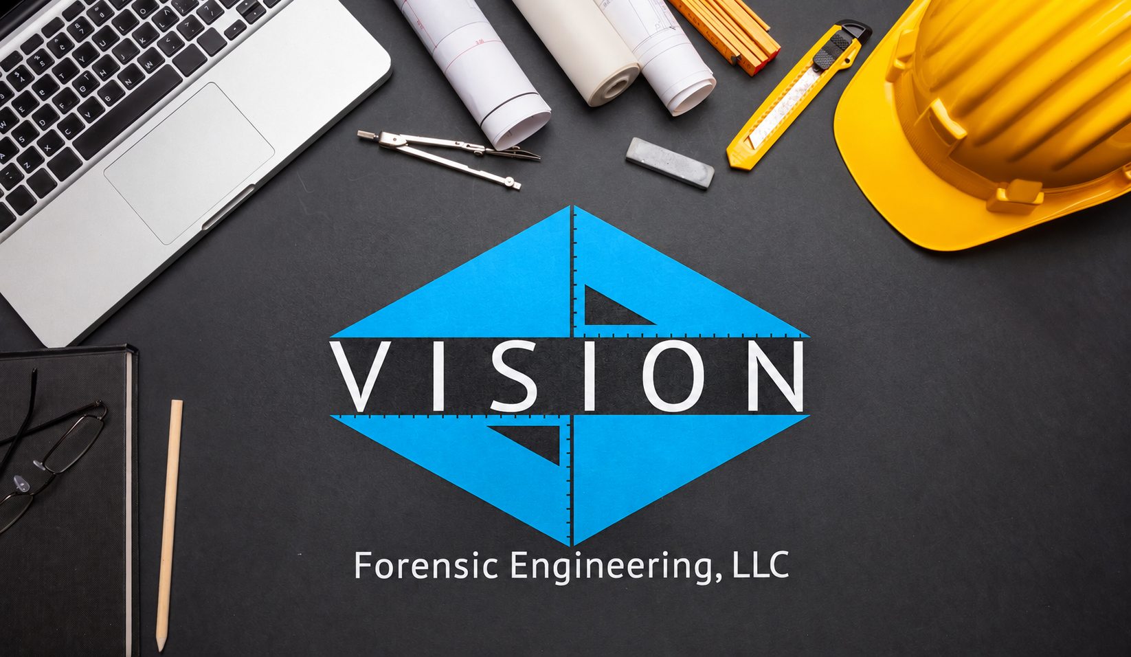 Vision Forensic Engineering logo with architectural plans, drafting tools, a laptop, and a hard hat